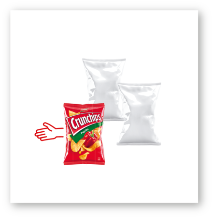 A bag of Crunchips paprika-flavored potato chips in red packaging, alongside two plain white bags, with a simple line drawing of a hand pointing to them.