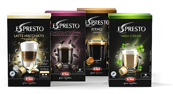 Shows the product range of 4 flavors of k-fee coffee