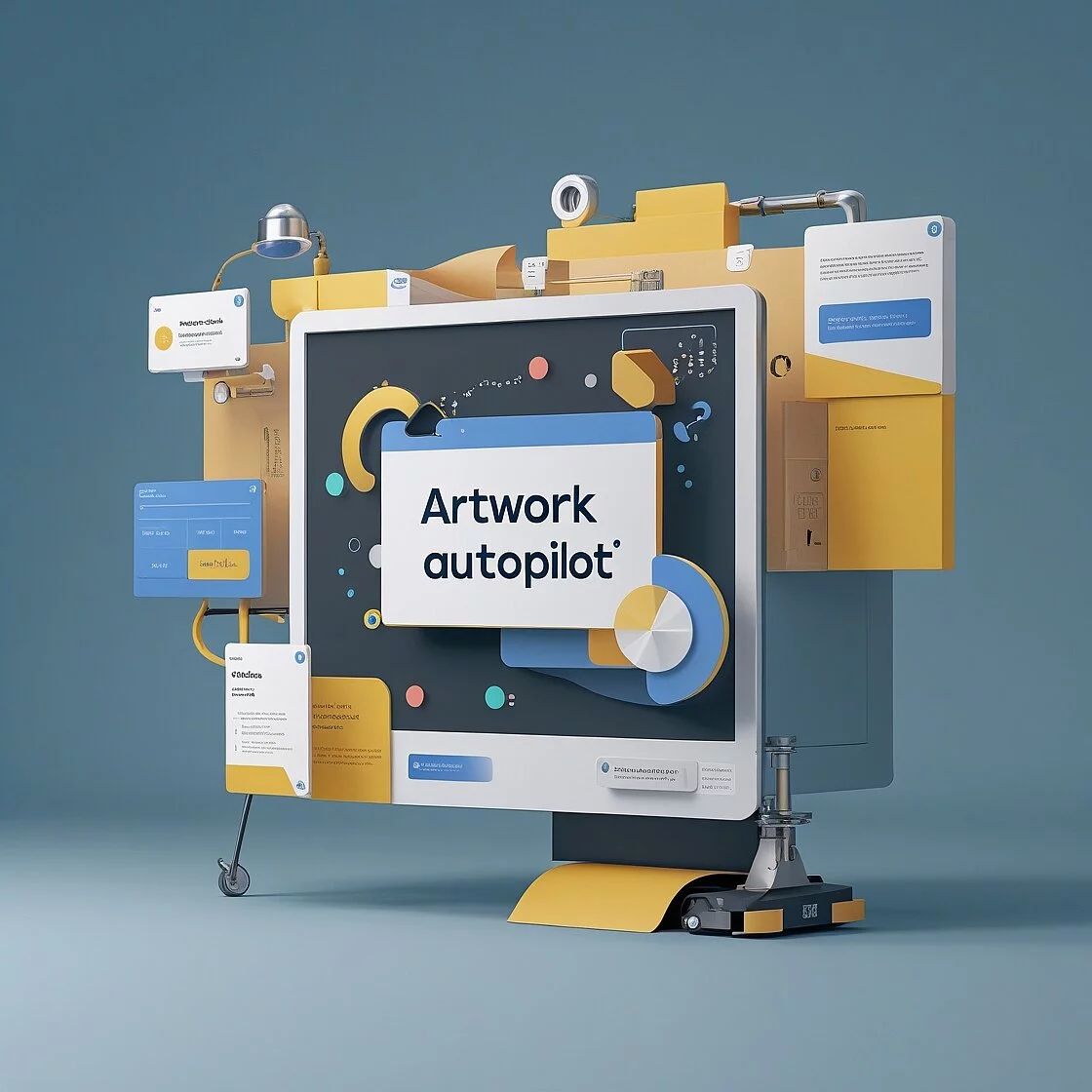 3D digital artwork of a machine-like console labeled 'Artwork autopilot'